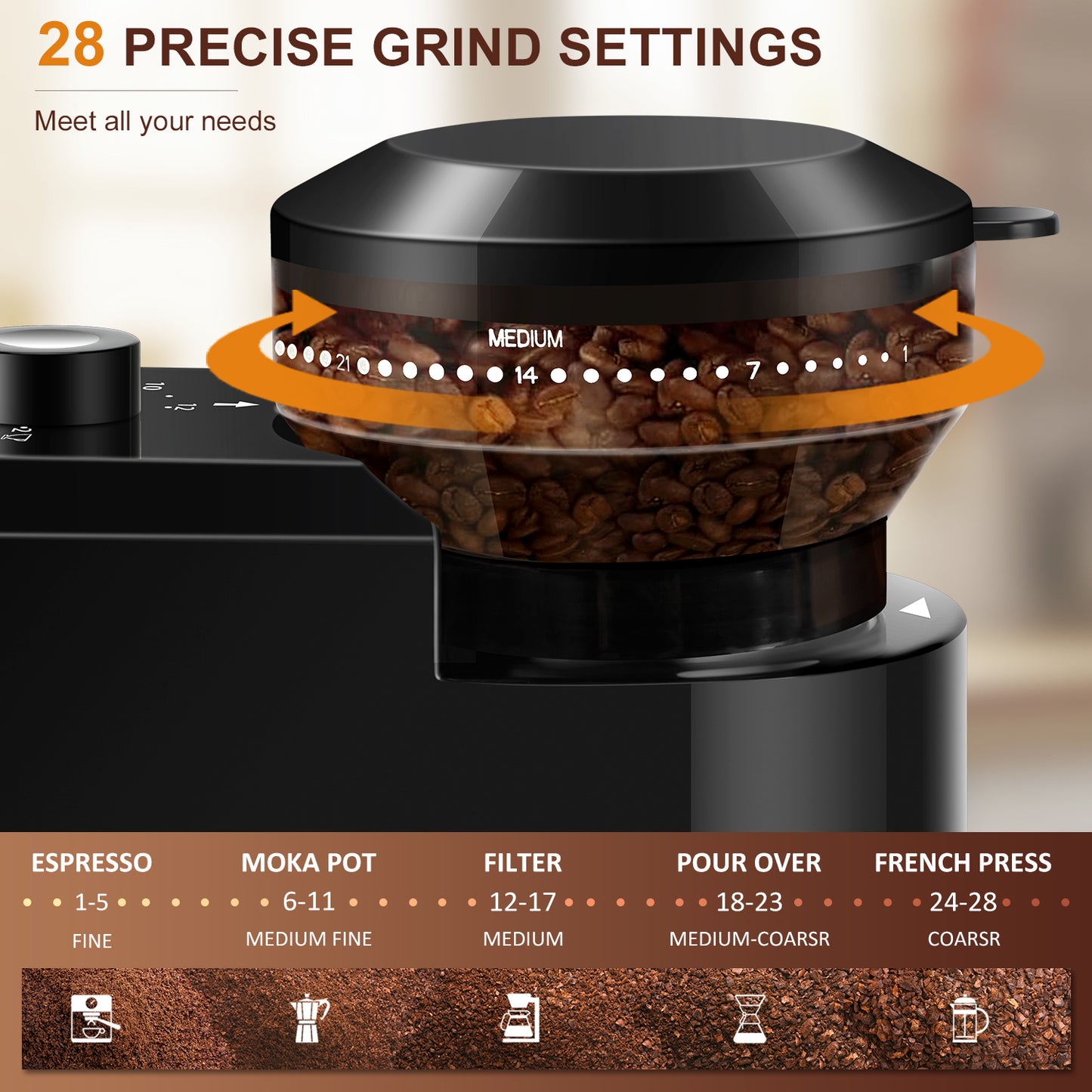 Electric Burr Coffee Grinder - 28 Settings for Espresso & More