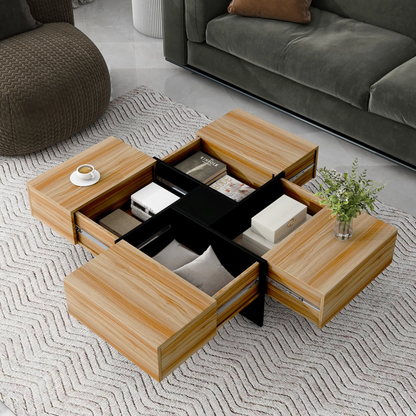 ON-TREND Unique Design Coffee Table with 4 Hidden Storage Compartments, Square Cocktail Table with Extendable Sliding Tabletop, UV High-gloss Design Center Table for Living Room, 31.5"x 31.5"