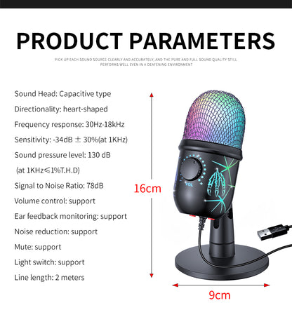 Gaming Microphone USB Condenser Mic with LED & Noise Cancel