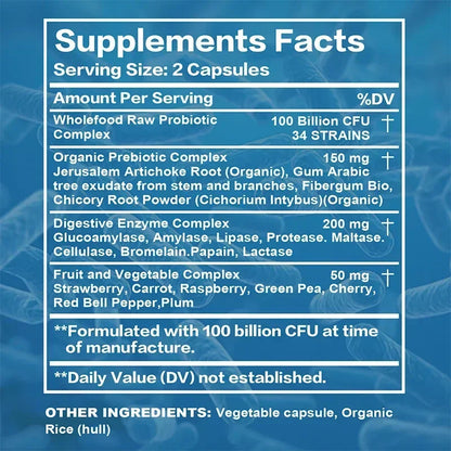 Probiotics 100B CFU + Prebiotics: Gut Health & Bloat Relief