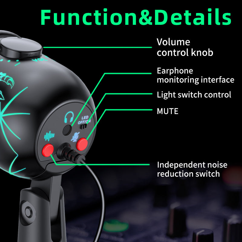 Gaming Microphone USB Condenser Mic with LED & Noise Cancel