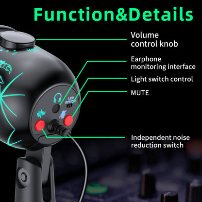 Gaming Microphone USB Condenser Mic with LED & Noise Cancel